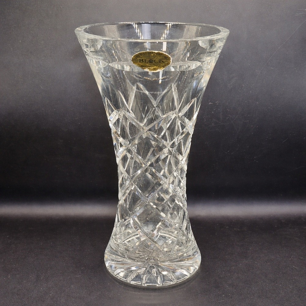Vintage Block Czech Lead Crystal Vase 9" Hand Cut Bohemian Glass Decor‎